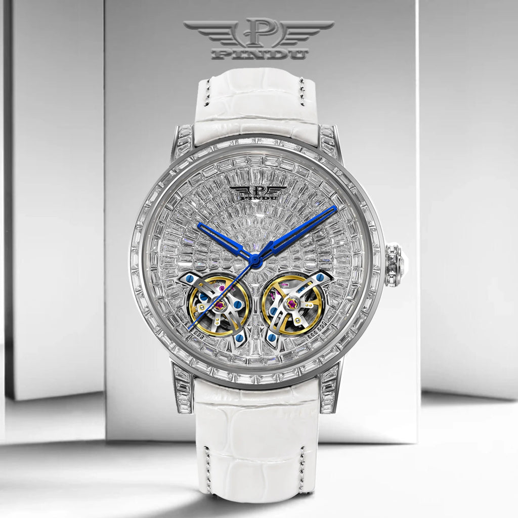 Montre Homme Automatique Double Volant Tourbillon Serti Diamants Saphir Cuir Pindu PD6656 – CLEVI Paris