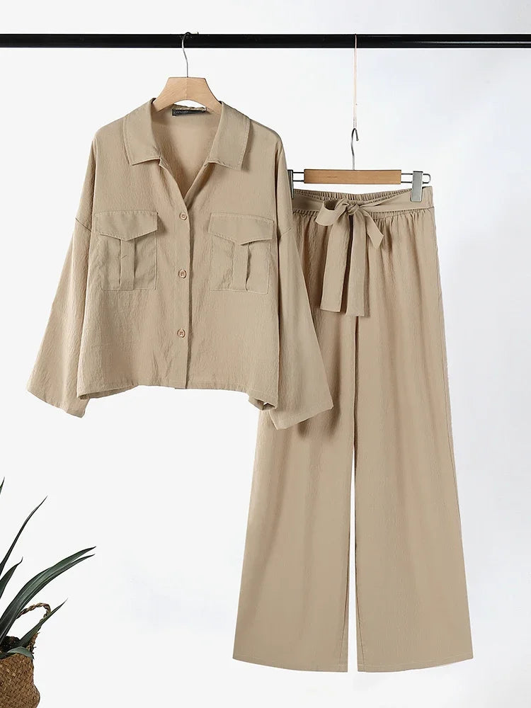 Ensemble 2 Pièces Femme Chemise Col Rabattu Manches Longues Boutonnée Ceinture + Pantalon Large Taille Mi-Haute Élastique Poches Casual Workwear 3 Coloris – CLEVI Paris