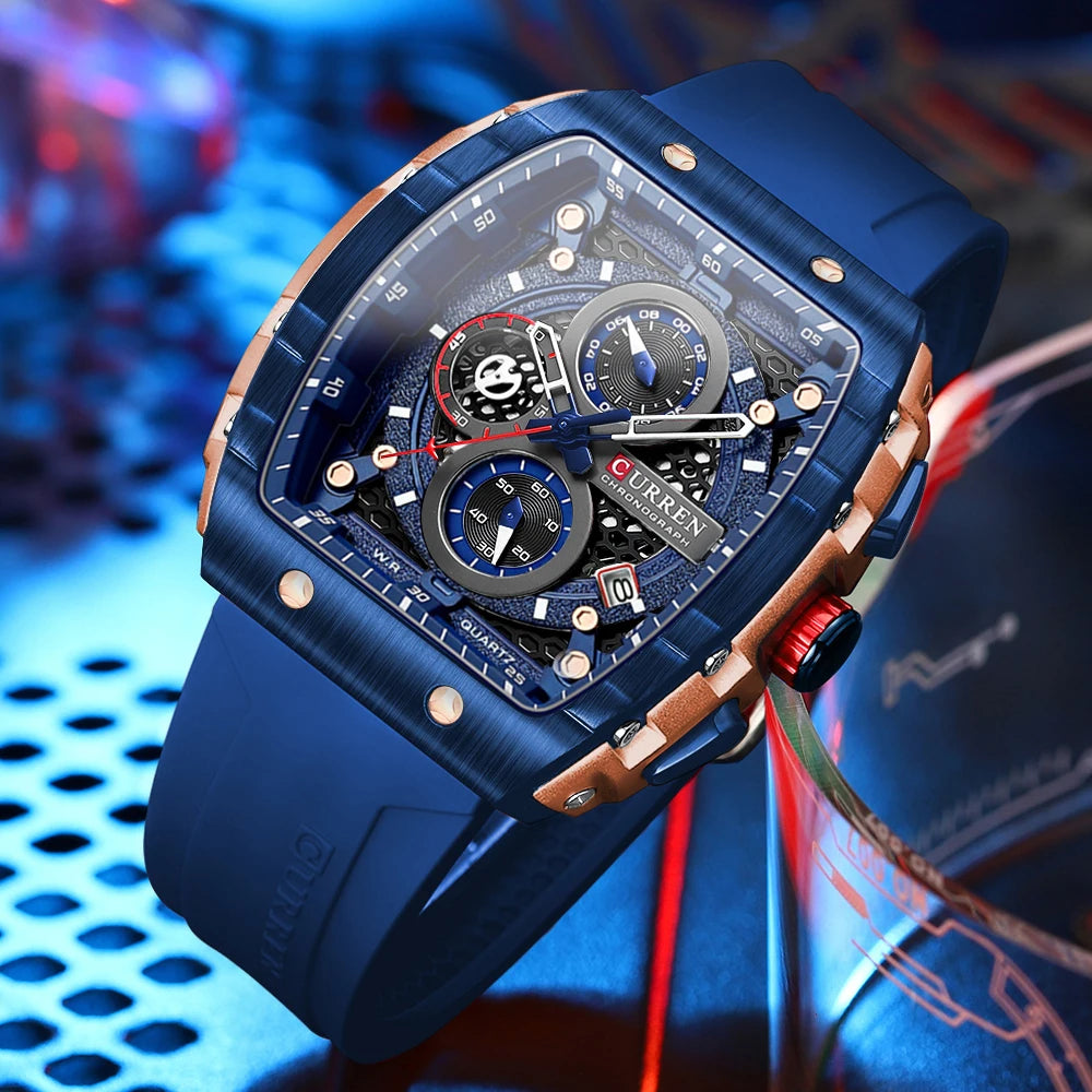 CURREN 8442 Montre Homme Quartz Carrée Chronographe Silicone Lumineux 30M – CLEVI Paris